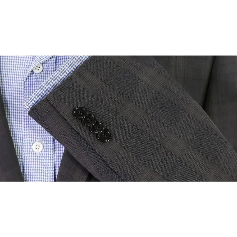 John Varvatos Gray Brown Plaid 2-Btn Cotton Linen Blazer Jacket 38R